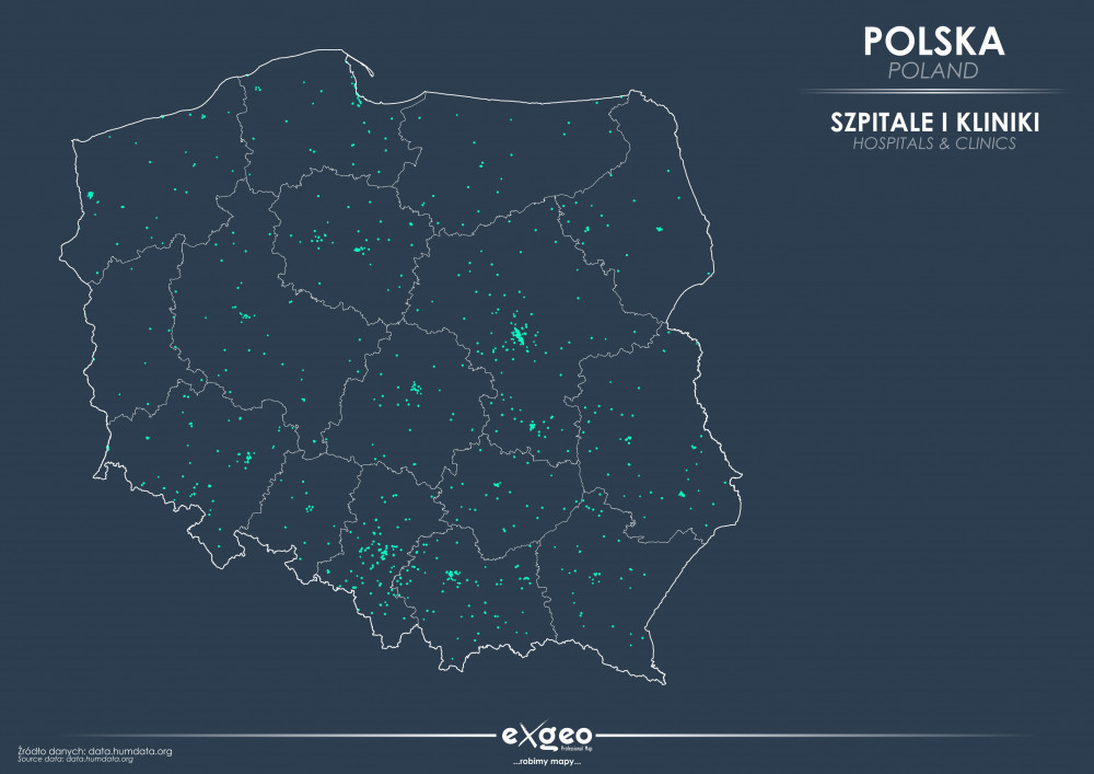 Polska, mapa, służba zdrowia, szpitale, kliniki, exgeo, kartografia